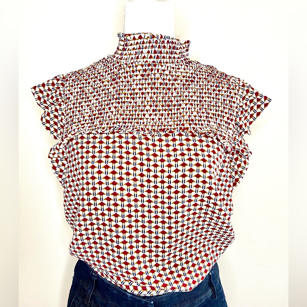 THML White Smocked High-Neck Blouse with Red and Navy Geometric Print